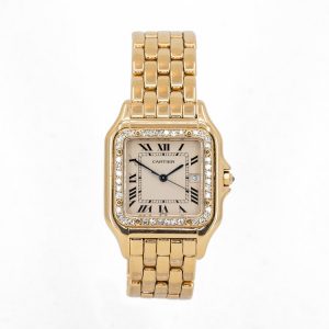 Cartier Panthere Rare Jumbo 18ct Yellow Gold and Diamond 29mm Quartz Watch, brilliant-cut diamond bezel and crown, silvered dial with Roman numerals and blue-steel sword-shaped hands, on an 18ct yellow gold bracelet with an 18ct hidden double-fold clasp, Circa 1990s