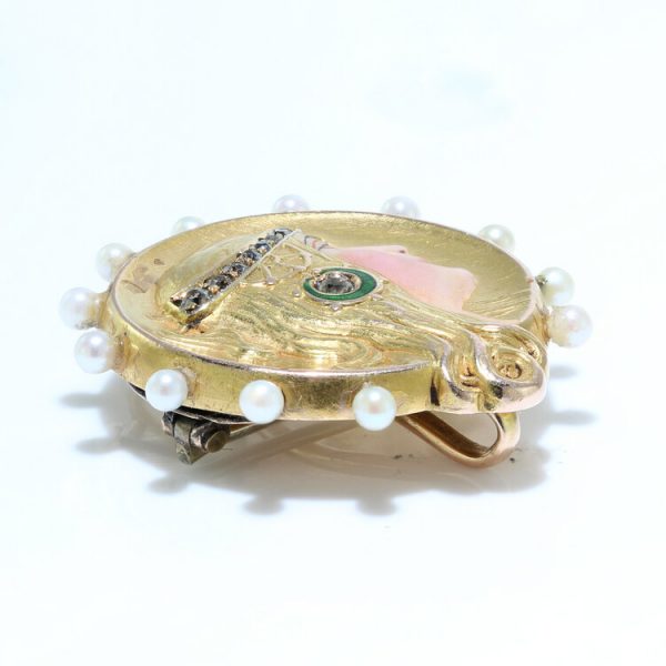 Art Nouveau Gold and Enamel Brooch / Pendant with Diamonds and Natural Pearls