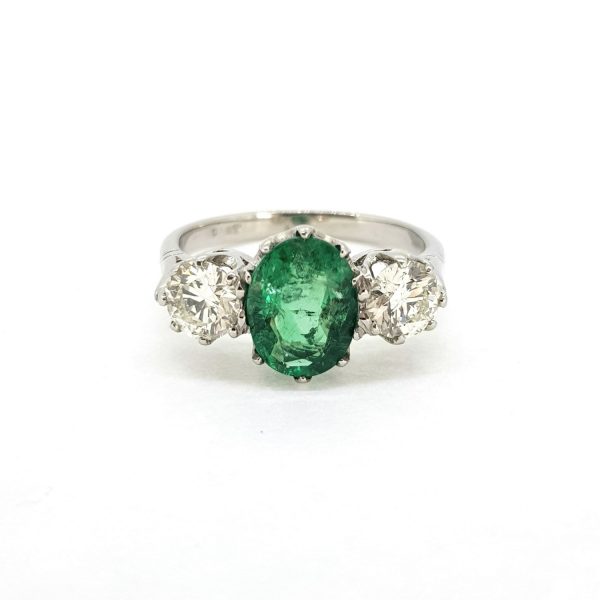 Emerald and Diamond Three Stone Ring in Platinum, 1.80 carats