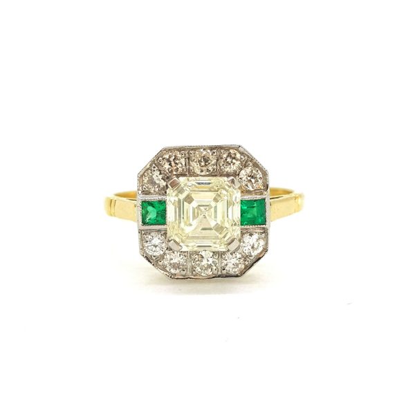 1.70ct Asscher Cut Diamond Cluster Dress Ring with Emeralds