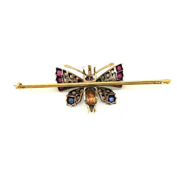 Antique Victorian Ruby Sapphire Diamond and Pearl Butterfly Brooch