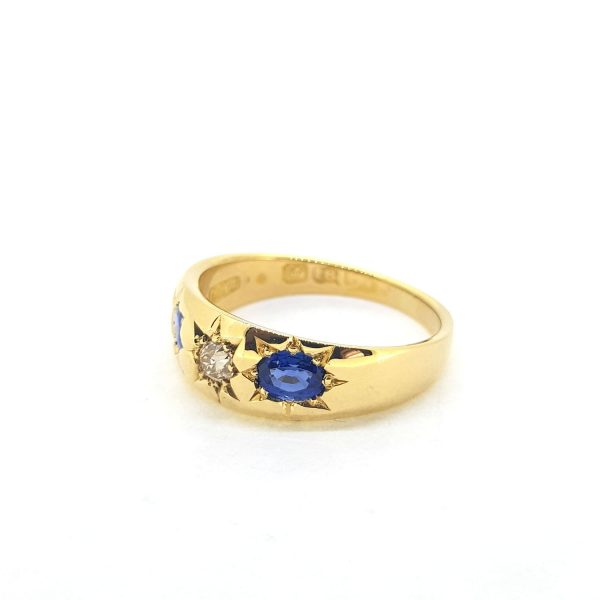 Antique Victorian Sapphire and Diamond Three Stone Ring in 18ct Yellow Gold