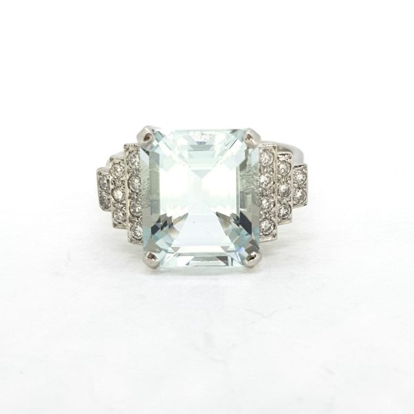 Art Deco Aquamarine and Diamond Dress Ring in Platinum, 5 carats