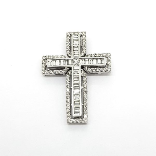 Diamond Cross Pendant, 1.54 carat total, inner row of baguette-cut diamonds radiating from central princess-cut diamond, all within outer brilliant-cut diamond border, in 18ct white gold