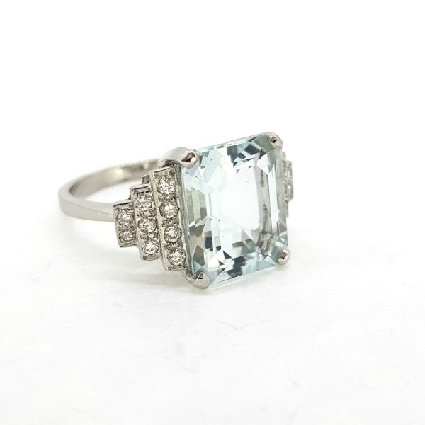 Art Deco Aquamarine and Diamond Dress Ring in Platinum, 5 carats