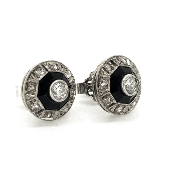 Art Deco Onyx and Diamond Cluster Stud Earrings