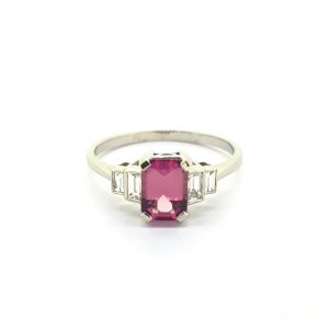 0.95ct Pink Tourmaline and Baguette Diamond Ring in Platinum