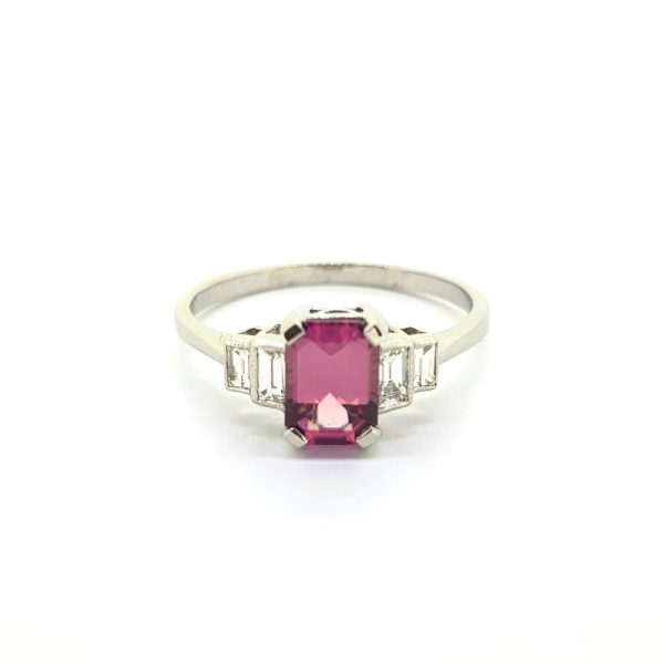 0.95ct Pink Tourmaline and Baguette Diamond Ring in Platinum