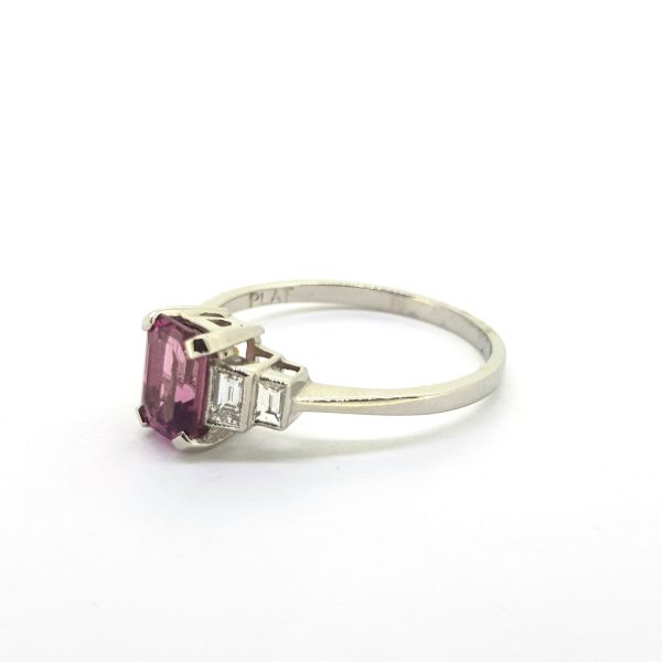 0.95ct Pink Tourmaline and Baguette Diamond Ring in Platinum