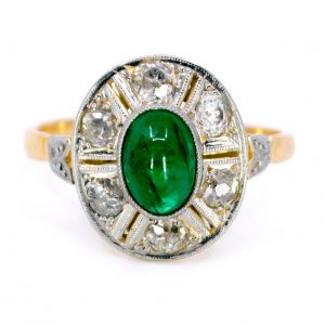 Antique Art Deco 1ct Emerald and Diamond Cluster Ring