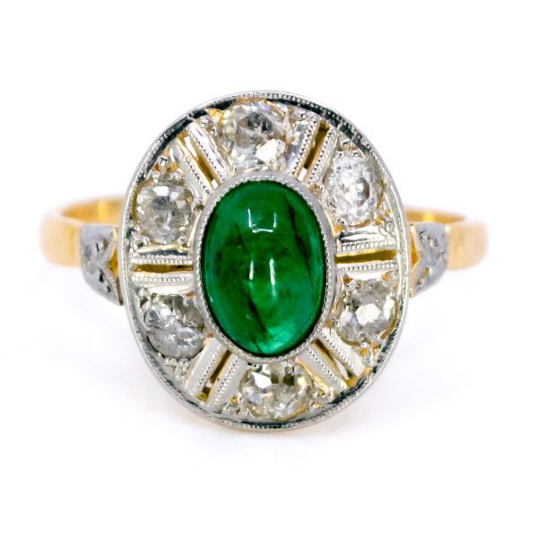 Antique Art Deco 1ct Emerald and Diamond Cluster Ring