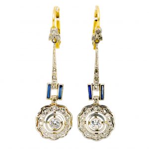 Antique Art Deco Diamond And Sapphire Drop Earrings