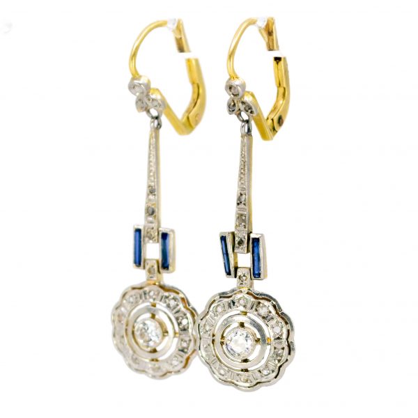 Antique Art Deco Diamond And Sapphire Drop Earrings