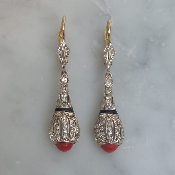 Antique Art Deco Onyx Coral and Diamond Drop Earrings