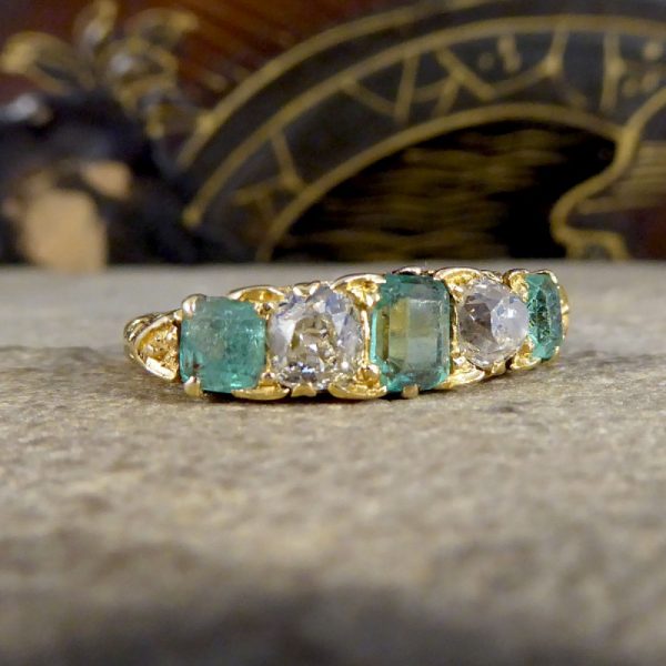 Antique Late Victorian Emerald and Diamond Five Stone Ring WA