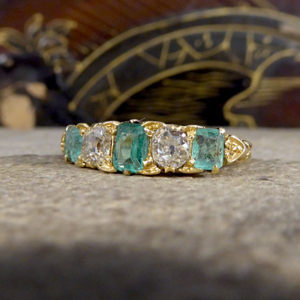 Antique Late Victorian Emerald and Diamond Five Stone Ring WA