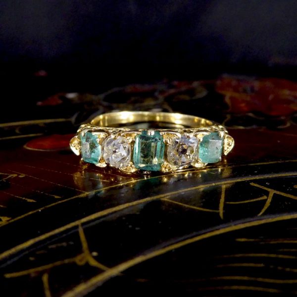 Antique Late Victorian Emerald and Diamond Five Stone Ring WA