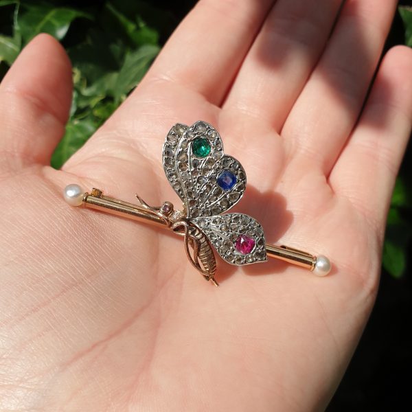 Antique Victorian Gem and Diamond Butterfly Brooch