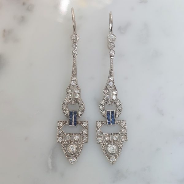 Art Deco Antique 2cts Diamond and Sapphire Drop Earrings
