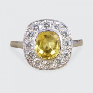 Art Deco Style 1.20ct Yellow Sapphire and Diamond Cluster Ring