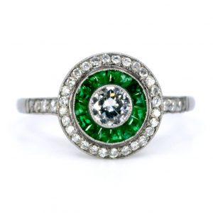 Art Deco Style Emerald and Diamond Target Cluster Ring