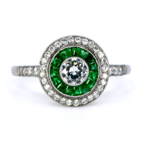 Art Deco Style Emerald and Diamond Target Cluster Ring