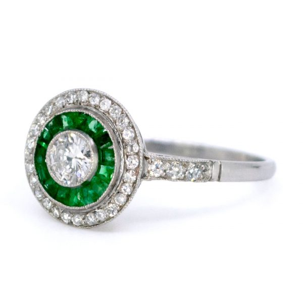 Art Deco Style Emerald and Diamond Target Cluster Ring