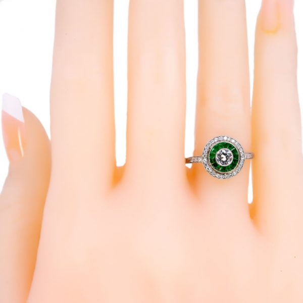 Art Deco Style Emerald and Diamond Target Cluster Ring