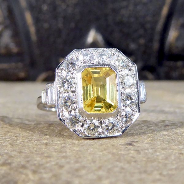 Contemporary Art Deco Style Yellow Sapphire and Diamond Cluster Ring