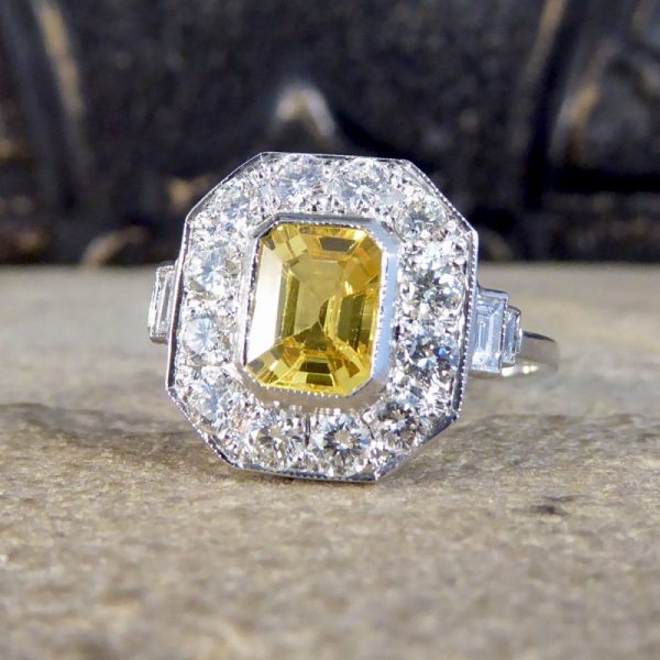 Contemporary Art Deco Style Yellow Sapphire and Diamond Cluster Ring