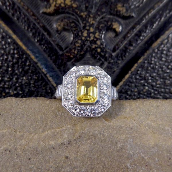 Contemporary Art Deco Style Yellow Sapphire and Diamond Cluster Ring