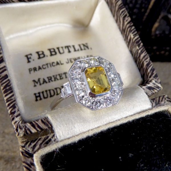 Contemporary Art Deco Style Yellow Sapphire and Diamond Cluster Ring