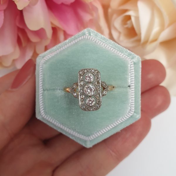 Edwardian Antique Three Stone Diamond Plaque Ring