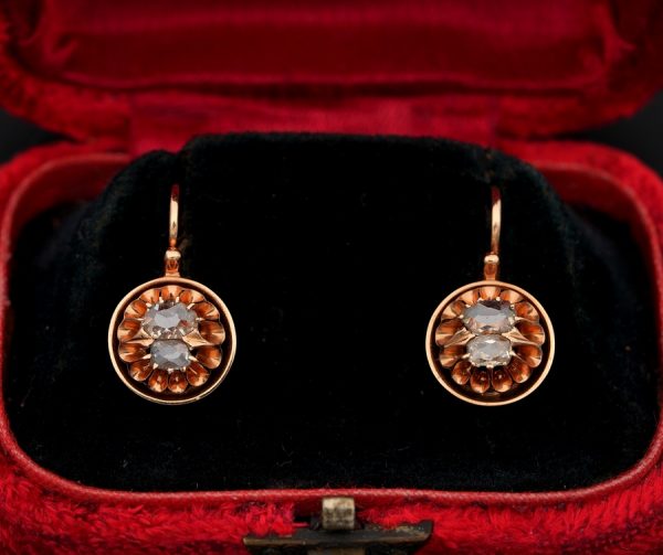 Antique Victorian .60ct Table Cut Diamond Earrings 18ct Gold