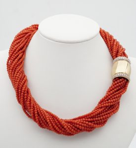 Vintage Italian Multi Strand Natural Coral 18ct Diamond Clasp Torsade Necklace