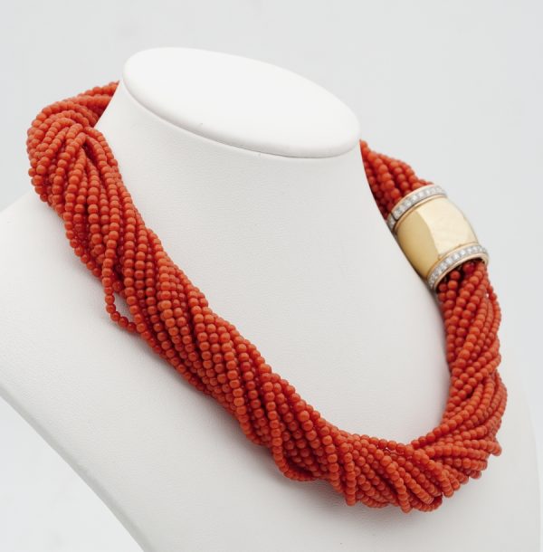Vintage Italian Multi Strand Natural Coral 18ct Diamond Clasp Torsade Necklace