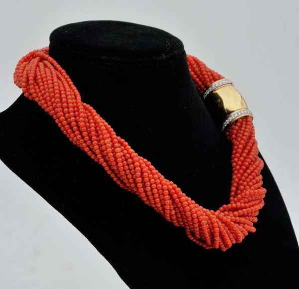Vintage Italian Multi Strand Natural Coral 18ct Diamond Clasp Torsade Necklace