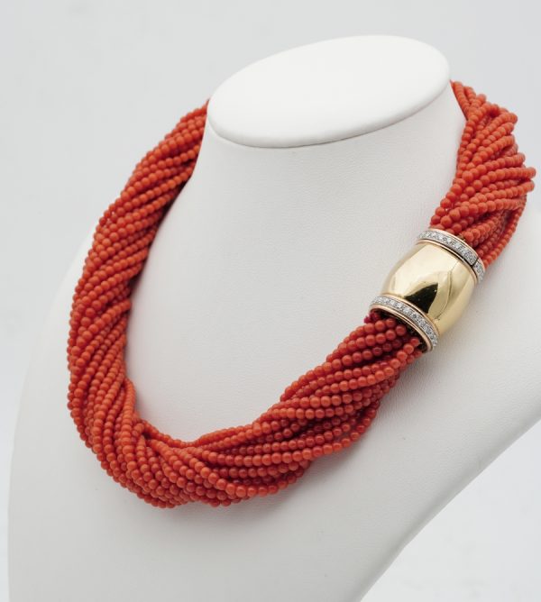 Vintage Italian Multi Strand Natural Coral 18ct Diamond Clasp Torsade Necklace
