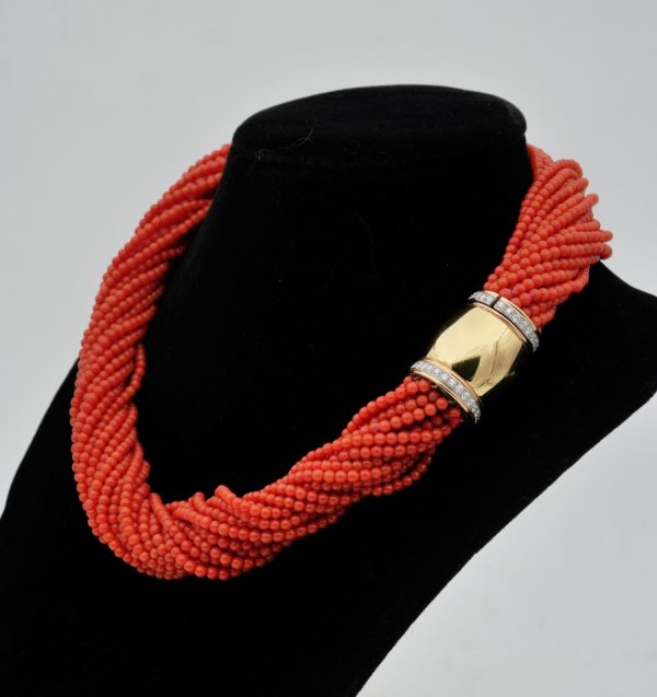 Vintage Italian Multi Strand Natural Coral 18ct Diamond Clasp Torsade Necklace