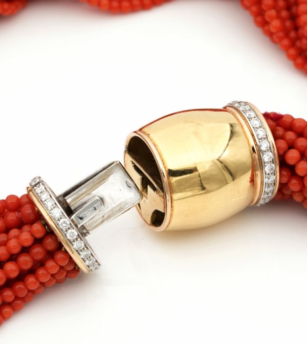 Vintage Italian Multi Strand Natural Coral 18ct Diamond Clasp Torsade Necklace