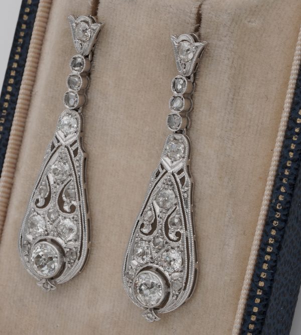 Antique Belle Epoque 3.60ct Old Cut Diamond Platinum Drop earrings