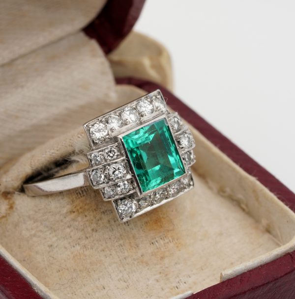 Spectacular Antique Art Deco 2.05ct Colombian Emerald .60ct Diamond Platinum Ring