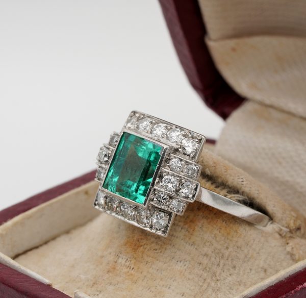 Spectacular Antique Art Deco 2.05ct Colombian Emerald .60ct Diamond Platinum Ring