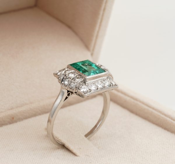 Spectacular Antique Art Deco 2.05ct Colombian Emerald .60ct Diamond Platinum Ring