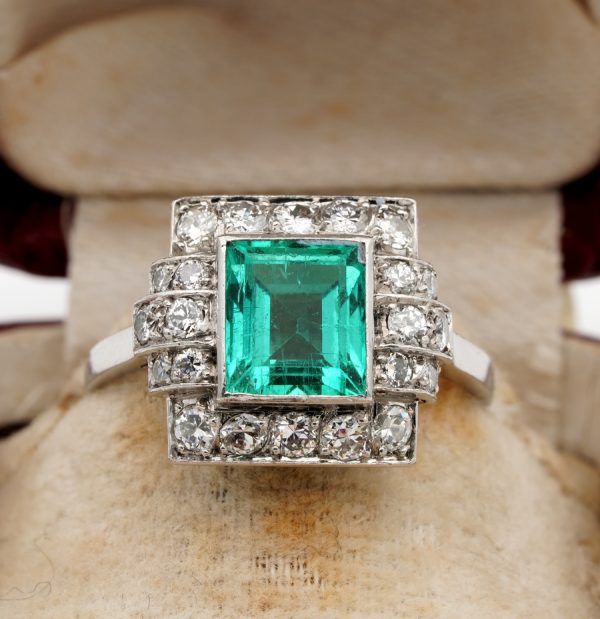 Spectacular Antique Art Deco 2.05ct Colombian Emerald .60ct Diamond Platinum Ring