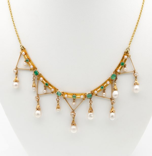 Antique Edwardian Rare Diamond Pearl Emerald Swag Necklace 1900 ca