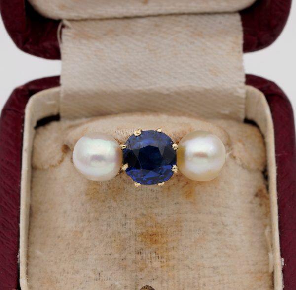 Antique Victorian Natural NO Heat Sapphire and Natural Basra Pearl Trilogy Ring