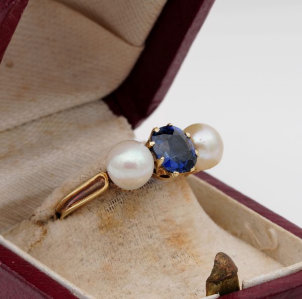 Antique Victorian Natural NO Heat Sapphire and Natural Basra Pearl Trilogy Ring