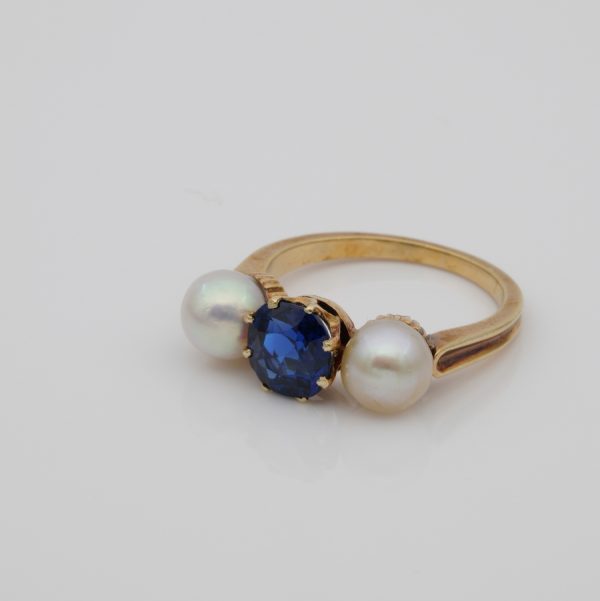 Antique Victorian Natural NO Heat Sapphire and Natural Basra Pearl Trilogy Ring