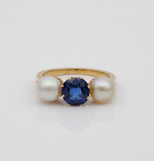 Antique Victorian Natural NO Heat Sapphire and Natural Basra Pearl Trilogy Ring